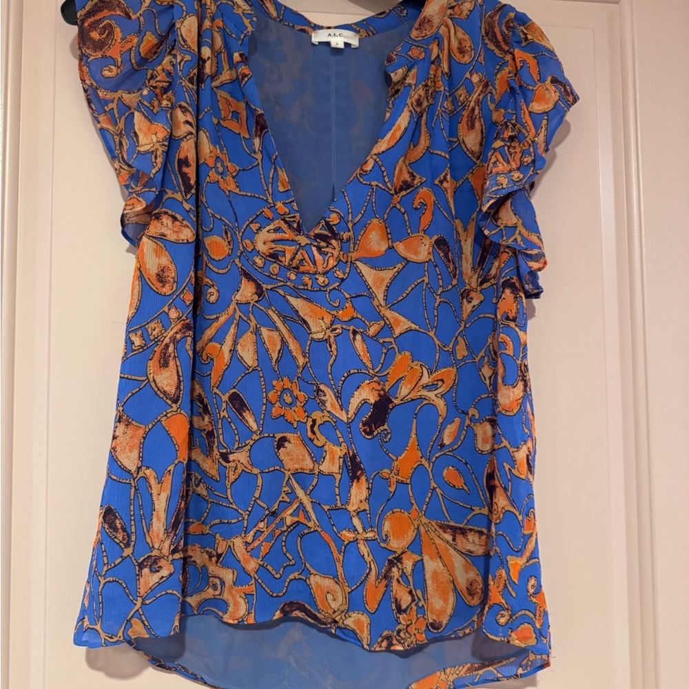 ALC Blue and Orange Floral Women's Top Size 0. 100% silk, lined.